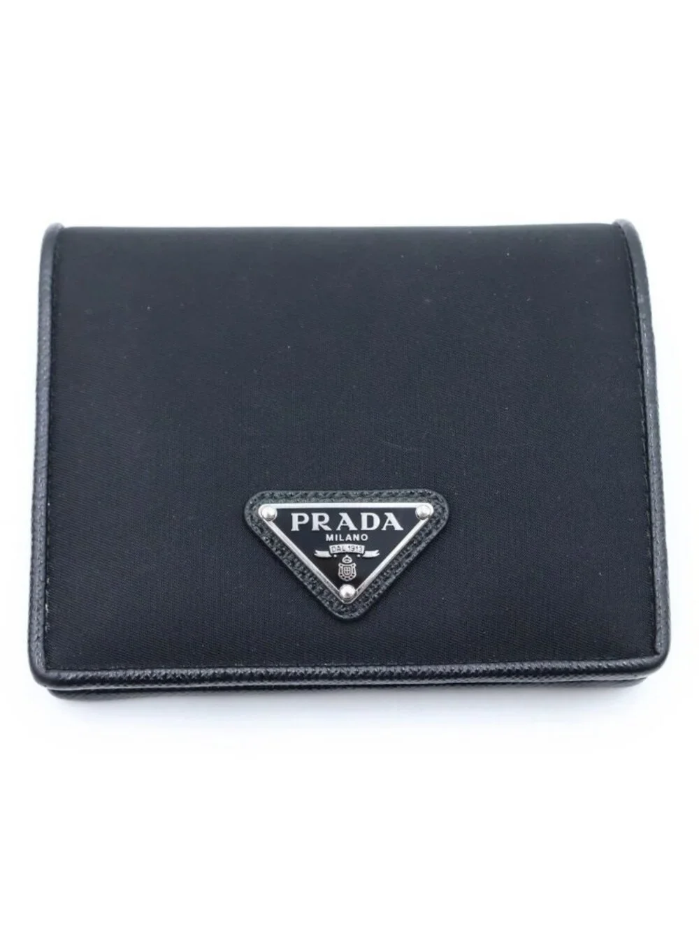 Prada Triangle Logo Compact Wallet Bifold Black Tessuto Nylon